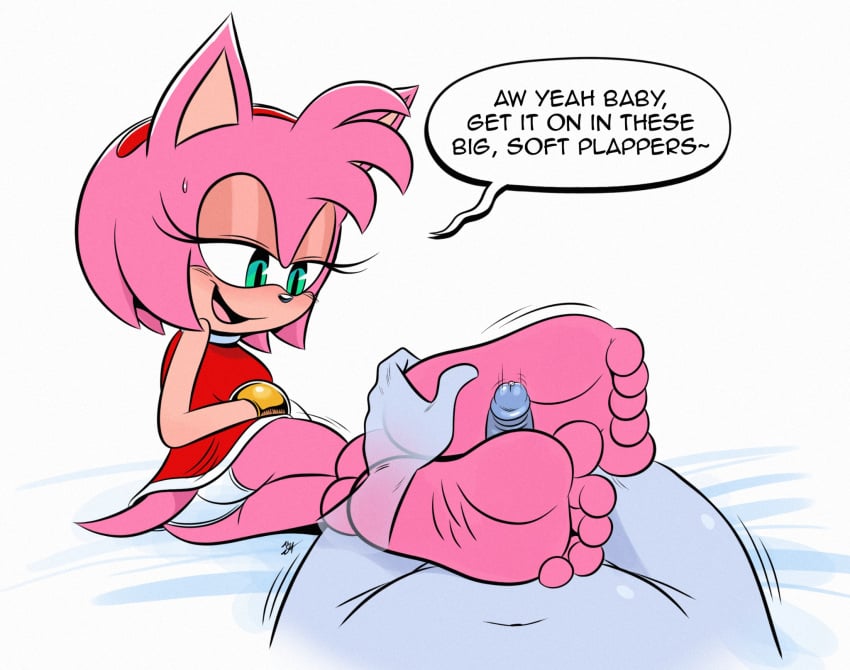 5_toes amy_rose anthro clothing deepcreases dialogue english_text eulipotyphlan feet female foot_fetish foot_play footjob genitals hedgehog hi_res mammal open_mouth penis pink_body sega sex small_penis sonic_the_hedgehog_(series) speech_bubble text toes