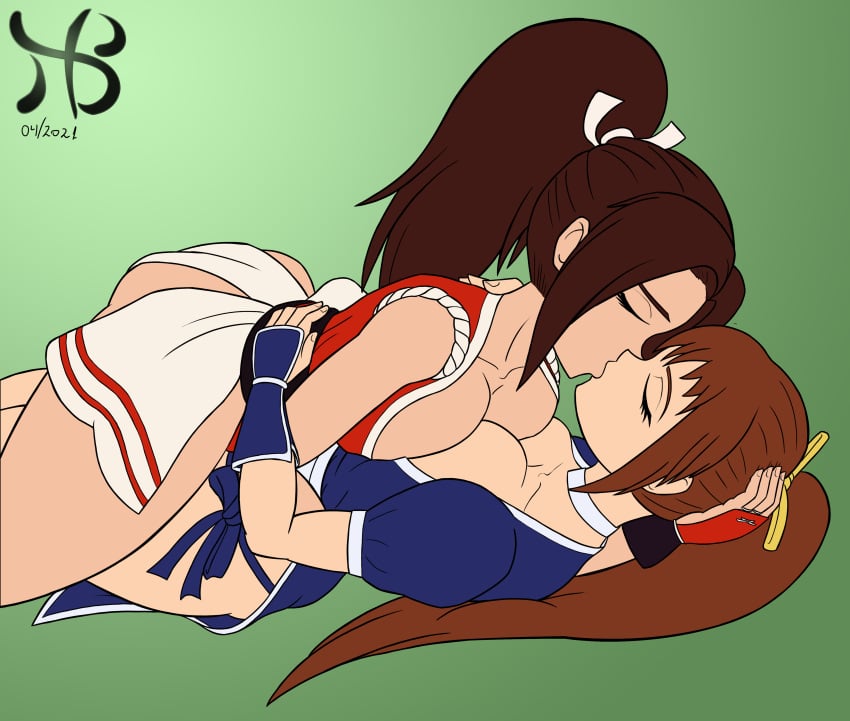 hiastobasement_(artist) kasumi_(doa) kissing lesbian_kiss mai_shiranui only_female yuri yuri