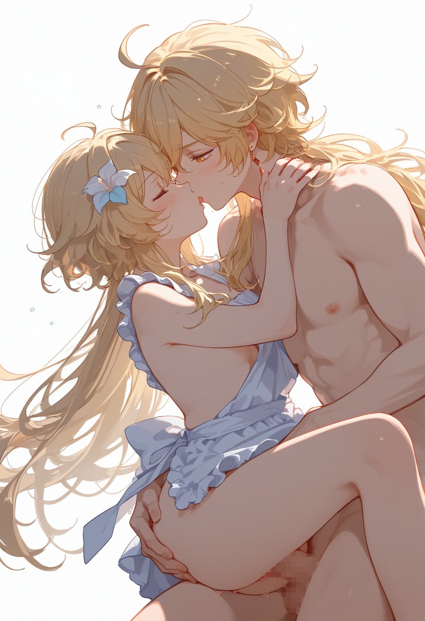 1boy 1girls aether_(genshin_impact) ai_generated blonde_hair brother_and_sister horny_female lumine_(genshin_impact) mihoyo pleasure_face sex straight unknown_artist