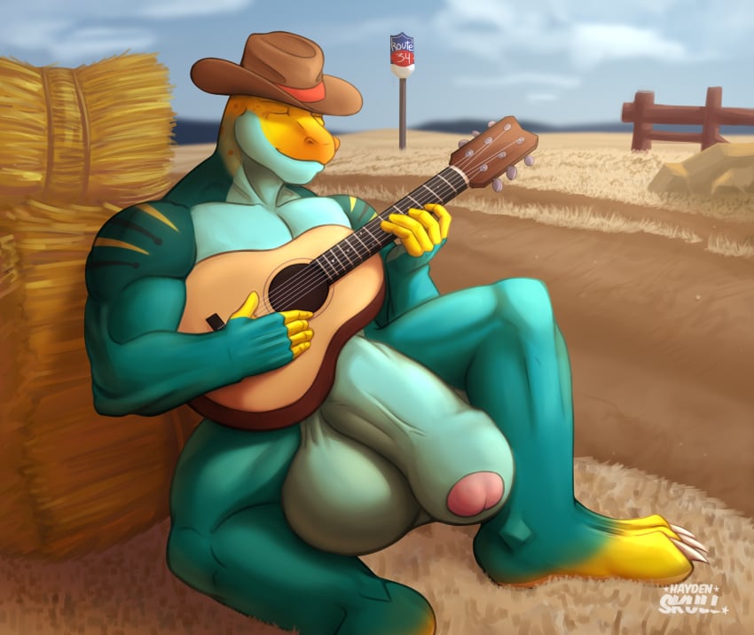 2023 3_toes 5_fingers acoustic_guitar anthro balls biceps big_balls big_muscles big_penis blue_body blue_penis blue_scales claws closed_eyes clothing cloud collared_lizard common_collared_lizard cowboy_hat day deltoids detailed_background digital_drawing_(artwork) digital_media_(artwork) dirt_road feet fence fingers flaccid foreskin genitals glans green_eyes guitar hat hat_only hay hay_bale haydenskull headgear headgear_only headwear headwear_only hi_res huge_balls huge_cock humanoid_genitalia humanoid_penis hyper hyper_balls hyper_genitalia hyper_penis lizard male male_only markings monroe_lehner mostly_nude muscular muscular_anthro muscular_arms muscular_male musical_instrument non-mammal_balls outside overcast partially_retracted_foreskin pecs penis pink_glans playing_guitar playing_music plucked_string_instrument reptile road road_sign rock scales scalie signature sitting sitting_on_ground sky solo spots spotted_body spotted_scales string_instrument striped_body striped_scales stripes thick_penis toe_claws toes tongue tongue_out vein veiny_penis yellow_body yellow_scales