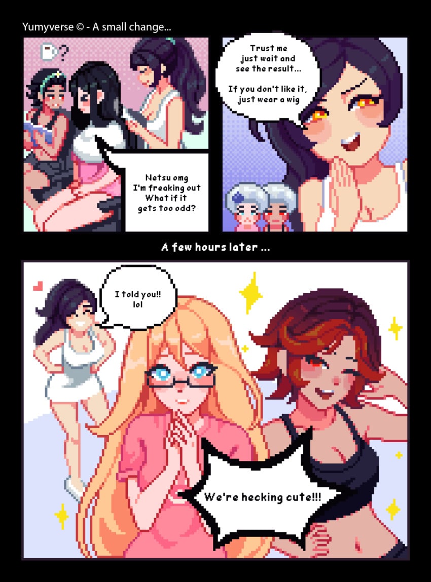 3girls amber_eyes belly_button black_hair blonde_hair blue_eyes chibi cleavage comic dialogue dress english_text glasses hair_dye heart heart_around_head kana_fujisawa kari_kozhevnikova light-skinned_female makeover netsu_kazegawa no_sex one_eye_closed pink_shirt pixel_art question_mark red_eyes red_hair speech_bubble stars tank_top tanned_female two_tone_hair white_dress yumykon yumyverse