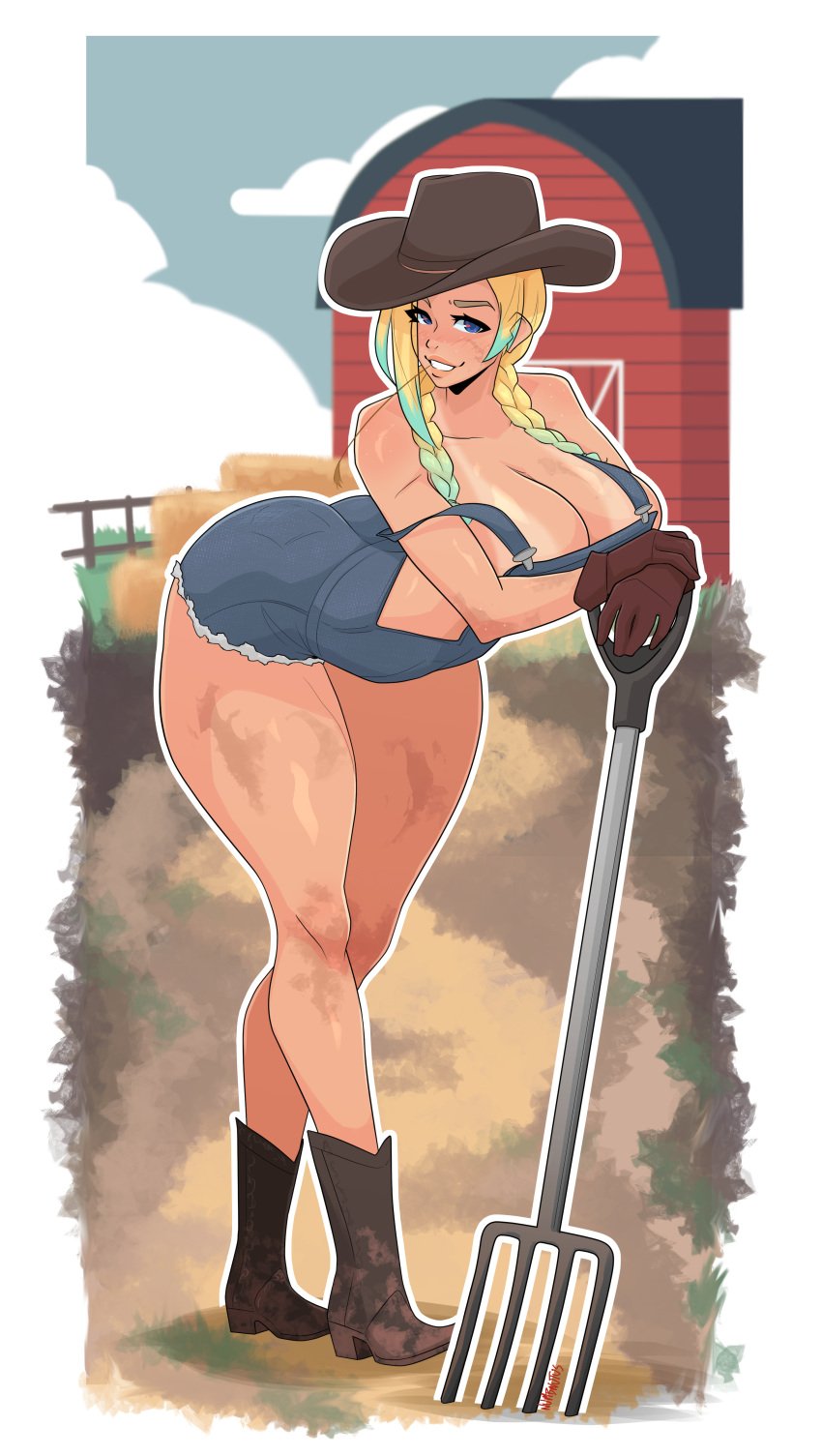 blonde_hair blue_eyes blue_hair cowboy_hat farmgirl large_breasts numbnutus overalls solo_female sweat tan_lines thighs tiffany_beckett two_tone_hair