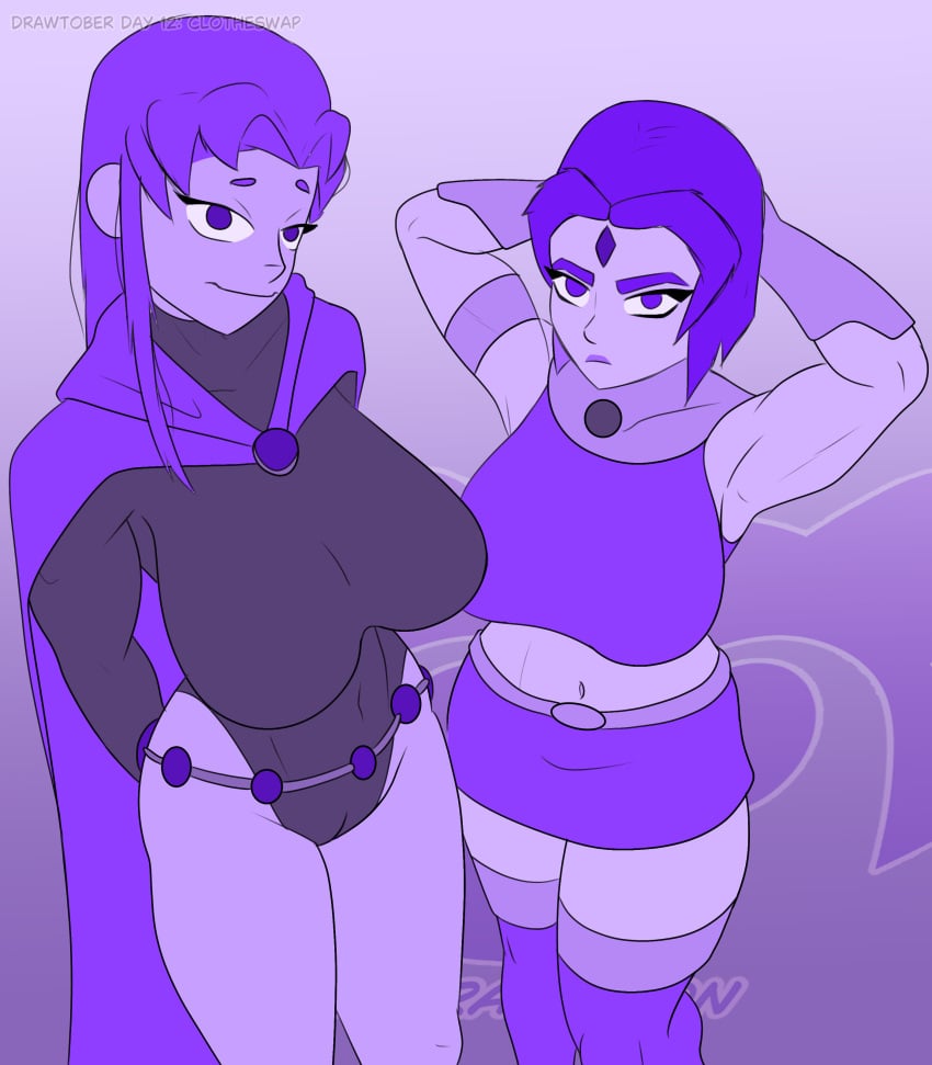 2girls abs armpits arms_up big_breasts cape clothe_swap costume_switch dc dc_comics evil_raccoon female female_only long_hair miniskirt monochrome multiple_girls raven_(dc) short_hair starfire swapped_clothes teen_titans thick_thighs thighs