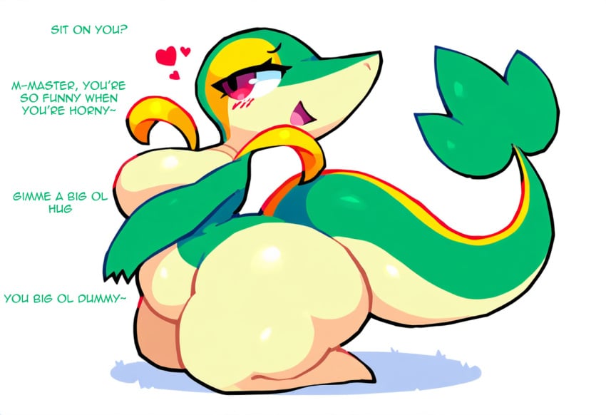 ai_generated anthro eyelashes female generation_5_pokemon green_body hellsonger hi_res narrowed_eyes navel nintendo nude on_side pokemon pokemon_(species) red_eyes reptile scalie simple_background smile snivy solo text thick_thighs white_background wide_hips