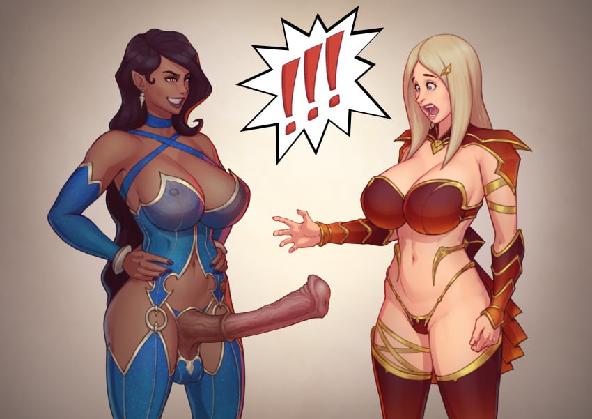 1futa 1girls adara_(zero_one) ball_bra big_breasts black_hair breasts cleavage clothed clothing dark-skinned_futanari dark_elf dark_skin earrings elf_ears equine_penis erect_penis fangs female futanari gauntlets grey_eyes hair_clips hand_on_hip horsecock huge_breasts human humanoid jodsy large_balls light-skinned_female light_skin lipstick long_hair morwen_(zero_one) mostly_nude nail_polish orange_eyes pale_blonde_hair shocked_expression shoulder_pads smile standing text_bubble thighhighs thighs thong toned_female translucent_clothing