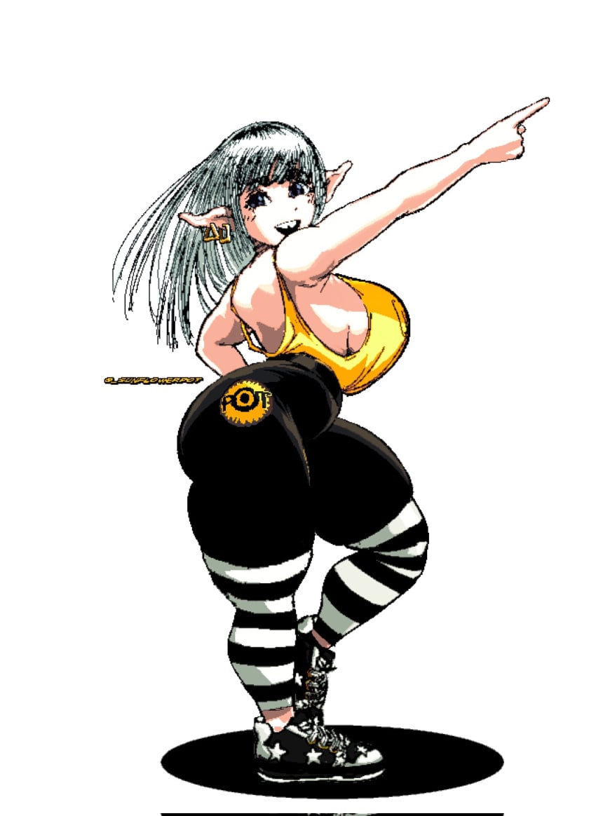 ass bad_tag bent_over breasts earrings elf female from_side highres huge_ass huge_breasts jewelry large_breasts long_hair looking_at_viewer looking_back mole mole_under_eye pointing pointy_ears shoes sideboob simple_background smile sneakers solo standing star_(symbol) striped sunflowerpot thick_thighs thighs