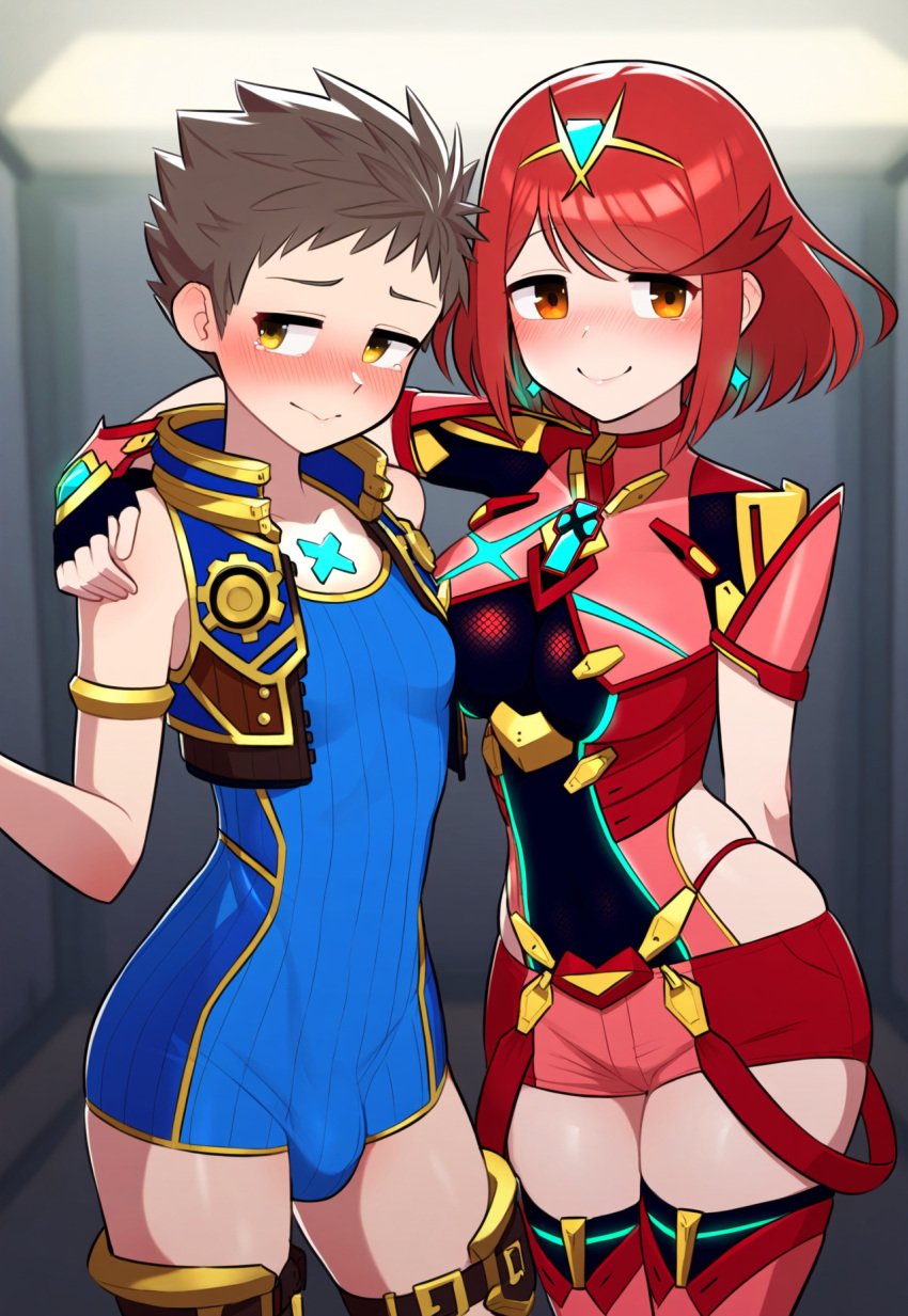 1futa ai_generated arm_around_shoulder blue_bodysuit blush bodysuit brown_hair bulge chest_jewel core_crystal cowboy_shot female genderswap_(mtf) happy hormone_breasts indoors naughty_face perky_breasts puffy_chest pyra pyra_(xenoblade) red_hair rex_(xenoblade) ribbed_bodysuit robofun rule_63 short_hair shy small_breasts smile smug spiked_hair standing thighhighs thighs trans_woman xenoblade_chronicles_2