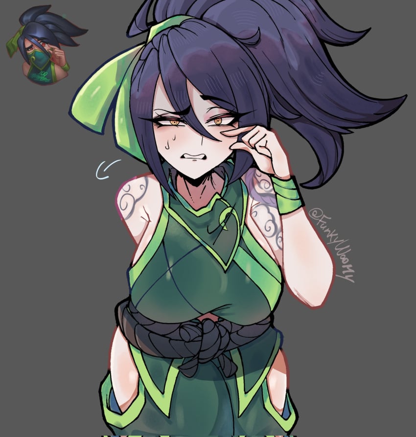 akali big_breasts bite_lip black_hair funkywoomy green_clothing league_of_legends tattoo yellow_eyes