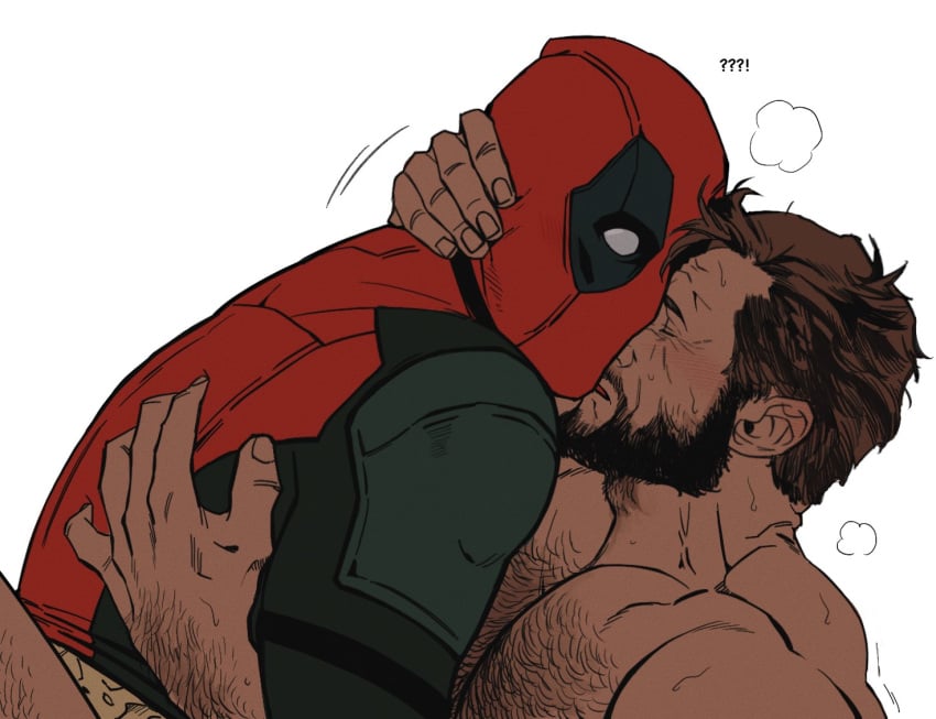 !? 2boys bara beard blush bodysuit bonjourdraws brown_hair chest_hair closed_eyes clothed_male_nude_male couple deadpool deadpool_&_wolverine_(2024) facial_hair full-face_blush gay gloves hairy hand_hair hand_on_another's_back hand_on_another's_neck heavy_breathing implied_sex large_pectorals leg_hair male_focus marvel marvel_cinematic_universe marvel_comics mask mature_male motion_lines multiple_boys muscular muscular_male nude open_mouth pectorals red_bodysuit red_mask superhero_costume surprised sweat veins wolverine_(x-men) x-men yaoi