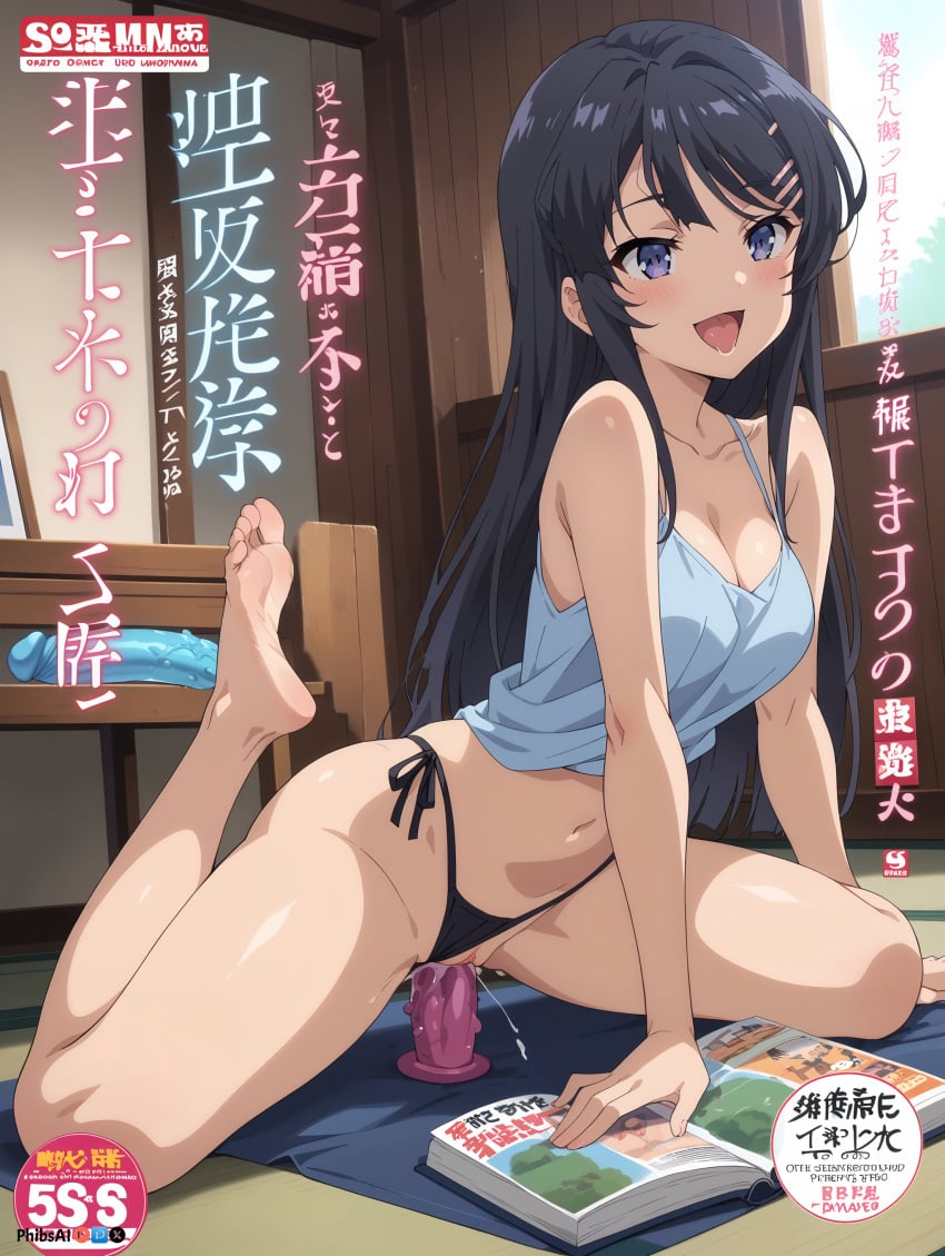 :d ai_generated bangs bare_shoulders barefoot black_hair black_panties blue_eyes blue_shirt blush book bookshelf breasts cleavage cover cover_page dildo doujin_cover eyebrows_visible_through_hair feet female hair_ornament hairclip indoors laptop long_hair looking_at_viewer masturbation medium_breasts navel object_insertion open_mouth panties panties_aside phibsai purple_panties pussy_juice sakurajima_mai seishun_buta_yarou_wa_bunny_girl_senpai_no_yume_wo_minai sex_toy shirt side-tie_panties sitting sleeveless smile solo stable_diffusion string_panties table tank_top tongue tongue_out underwear vaginal_object_insertion vaginal_penetration vibrator