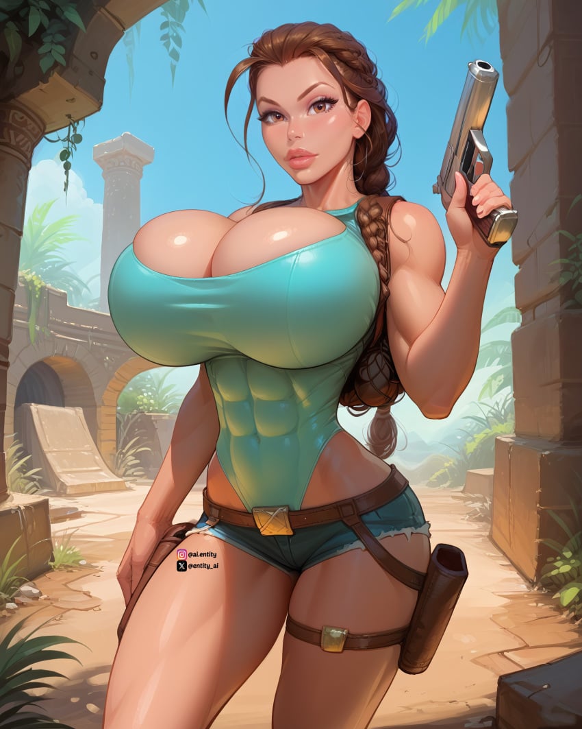 abs ai_generated ass attractive background beautiful big_ass big_breasts bimbo bimbo_body bimbo_lips booty_shorts braid braided_hair breasts breasts_bigger_than_head brown_eyes brown_hair cleavage clothed clothed_female clothes entity_ai female female_focus female_only gear guns huge_breasts lara_croft large_breasts leotard leotard_under_clothes pose round_breasts short_shorts sleeveless sleeveless_shirt slim_waist solo solo_female solo_focus thick_thighs thin_waist tight_clothes tight_clothing tight_pants tomb_raider toned toned_body toned_female toned_stomach wide_hips