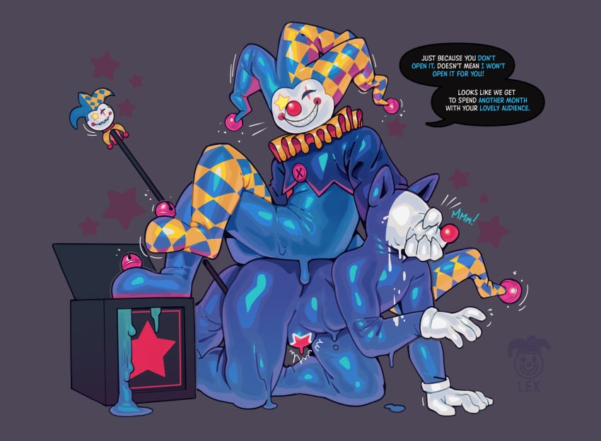 2024 absurd_res ambiguous_species anthro athletic athletic_anthro athletic_dom athletic_male athletic_sub biped blue_skin clown dominant dominant_anthro dominant_male duo goo_transformation heartbeats hi_res jack-in-the-box jester latex male null_bulge snout_grab staff star submissive submissive_anthro submissive_male tagme transformation