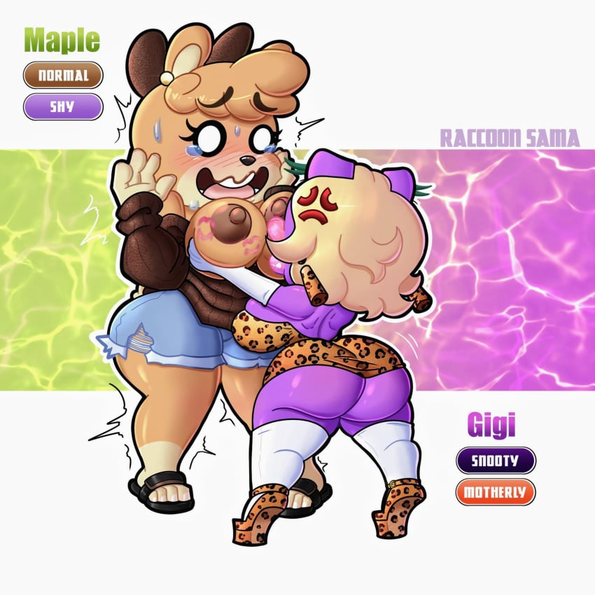 2girls angry animal_crossing animal_crossing_new_horizons animal_ears anthro anthro_on_anthro areolae bear_girl bear_tail blushing_female booty_shorts bow brown_fur brown_lipstick brown_nipples cheetah_print chibi chibi_style feet female frog_girl furry furry_female furry_only gigi_(animal_crossing) groping groping_breasts heeless_legwear high_heels kiss_mark large_ass large_breasts lipstick_mark maple_(animal_crossing) pink_lips pink_lipstick pink_lipstick_mark poofy_hair pulling_down_shirt raccoon_sama self_upload shaking short_hair shortstack shy simple_background size_difference sweat sweater_lift sweating tears thick_thighs thighhighs toes white_nail_polish white_nails yuri