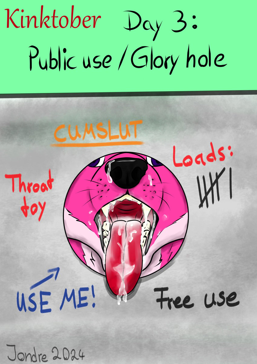 absurd_res after_oral ambiguous_gender anthro bodily_fluids canid cum cum_drip cum_in_mouth cum_inside cum_on_face cum_on_tongue cumshot cumshot_in_mouth dripping ejaculation free_use fur genital_fluids glory_hole hi_res jondrethefurry kinktober mammal open_mouth purple_body purple_fur solo tongue writing_on_wall