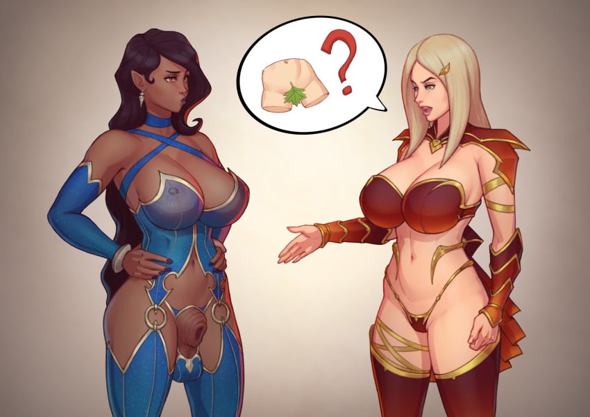 1futa 1girls adara_(zero_one) ball_bra big_breasts black_hair breasts cleavage clothed clothing dark-skinned_futanari dark_elf dark_skin earrings elf_ears equine_penis female flaccid fully_sheathed futanari gauntlets grey_eyes hair_clips hand_on_hip horsecock huge_breasts human humanoid jodsy large_balls light-skinned_female light_skin lipstick long_hair morwen_(zero_one) mostly_nude nail_polish orange_eyes pale_blonde_hair sheath shoulder_pads standing text_bubble thighhighs thighs thong toned_female translucent_clothing