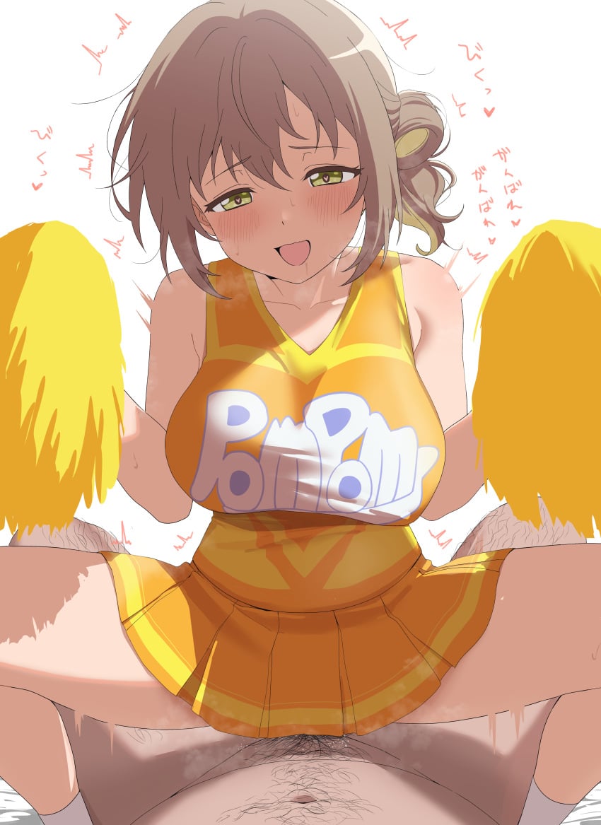 1boy :d absurdres blonde_hair breasts brown_hair cheerleader clothed_female_nude_male colored_inner_hair commentary_request cowgirl_position female green_eyes heart heart_in_eye highres holding holding_pom_poms large_breasts multicolored_hair na_nare_hana_nare nude ootani_nodoka open_mouth orange_skirt pleated_skirt pom_pom_(cheerleading) revision sex shirt short_hair simple_background sincos skirt sleeveless sleeveless_shirt smile solo_focus squatting_cowgirl_position symbol-shaped_pupils symbol_in_eye two-tone_hair white_background