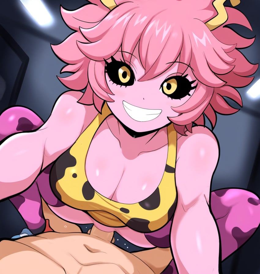 1boy 1boy1girl 1girls ai_generated ashido_mina big_breasts cowgirl_position female grin mina_ashido mullon my_hero_academia novelai pink_hair sex smile superheroine thick_thighs