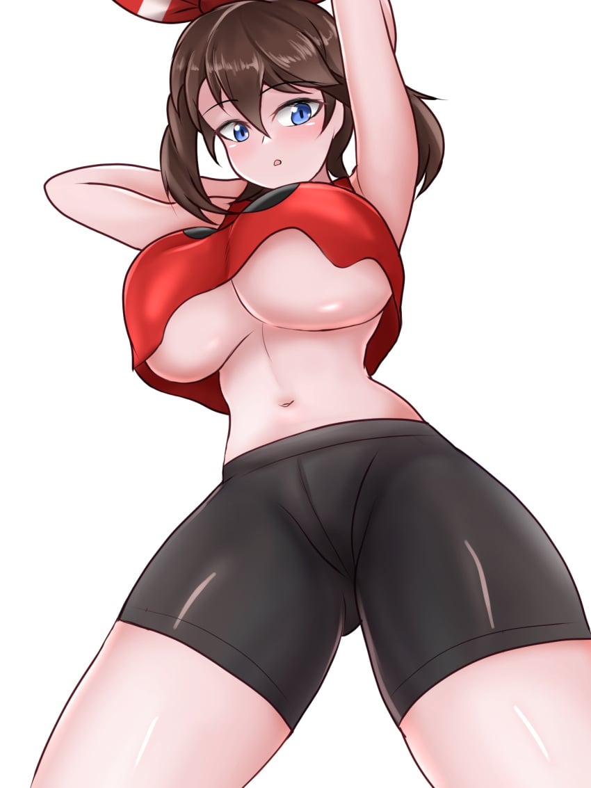 1girls big_breasts blue_eyes breasts brown_hair captain_rs creatures_(company) female female_only femalehuge_breasts fully_clothed game_freak huge_breasts large_breasts light-skinned_female light_skin may_(pokemon) nintendo pokemon short_hair solo solo_focus tight_clothing underboob