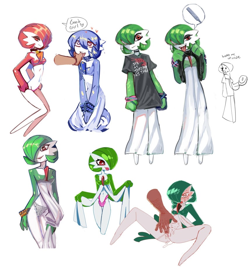 6+girls absurdres black_eyeshadow black_shirt blue_hair blue_skin bob_cut calmnivore cd_player clothes_lift colored_skin disembodied_hand eyeshadow fingering gardevoir green_hair green_skin hair_over_one_eye headphones heart heart_in_eye highres makeup multicolored_skin multiple_girls multiple_views panties piercing pink_eyes pink_panties pokemon pokemon_(creature) pokephilia pussy pussy_juice red_hair red_skin shirt shirt_lift simple_background sweat symbol_in_eye tongue tongue_out tongue_piercing two-tone_skin underwear white_background white_panties white_skin