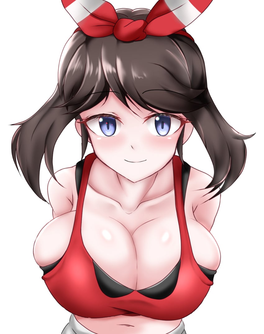 1girls big_breasts blue_eyes breasts brown_hair captain_rs cleavage collarbone creatures_(company) female game_freak huge_breasts large_breasts light-skinned_female light_skin may_(pokemon) may_(pokemon_oras) nintendo pokemon pokemon_oras short_hair solo solo_focus