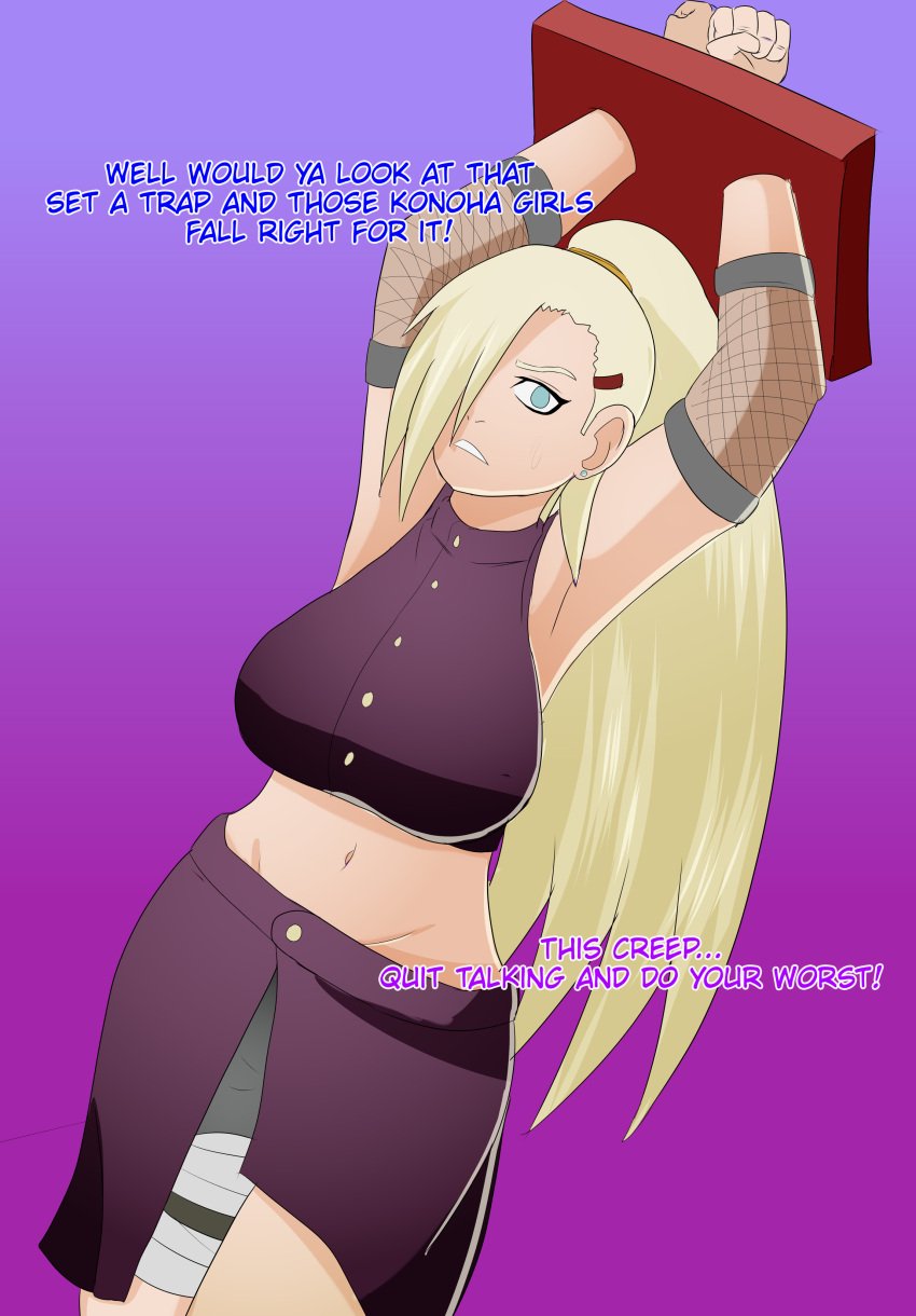 1girls 2022 blonde_hair blue_eyes bondage captured comic english_text female female_only frown fully_clothed hair_over_one_eye ino_yamanaka kunoichi light-skinned_female light_skin looking_at_viewer mesh midriff naruto naruto_(series) naruto_shippuden navel ninja ponytail purple_background purple_clothing shoobiedoobie12 shounen_jump solo tied_hair