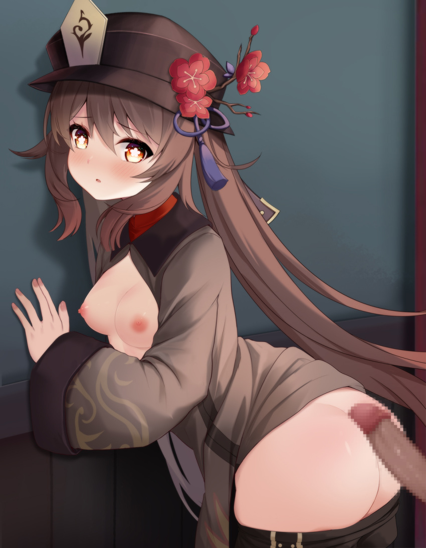 1boy against_wall ass blush breasts breasts_out brown_hair buttjob chinese_clothes clothes_pull erection female flower genshin_impact hat hat_flower highres hu_tao_(genshin_impact) long_sleeves looking_at_viewer nipples penis qunqing red_eyes shorts shorts_pull small_breasts standing top_hat wide_sleeves