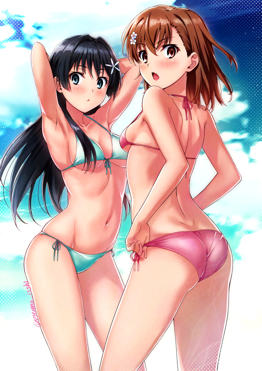 2girls absurd_res ahoge armpits arms_up ass bare_shoulders bikini black_hair blue_eyes blush breasts brown_eyes brown_hair collarbone flower from_behind hair_flower hair_ornament hi_res hips isshi_pyuma long_hair looking_at_viewer looking_back medium_breasts misaka_mikoto multiple_girls navel saten_ruiko shiny shiny_hair shiny_skin short_hair shoulder_blades side-tie_bikini sky small_breasts standing swimsuit teenage_girl teenager to_aru_kagaku_no_railgun to_aru_majutsu_no_index young