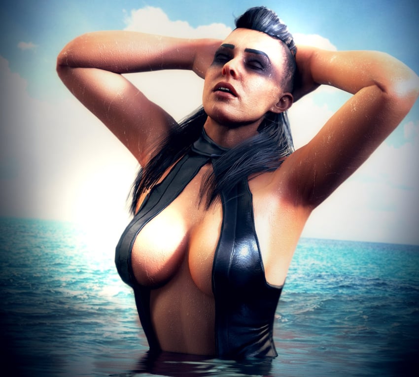 1girls armpits black_hair breasts call_of_duty call_of_duty_black_ops_cold_war cleavage detailed_background flickytuts hands_behind_head pinup_pose shaved_side solo_female swimsuit wet wraith_(cod)