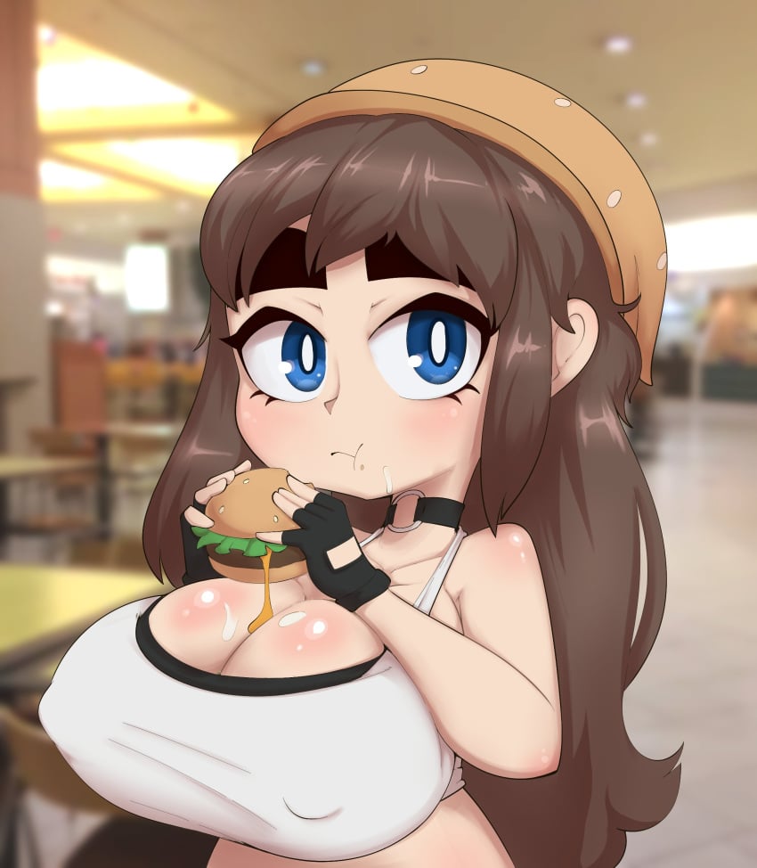 1girls big_breasts big_eyes big_head black_choker blue_eyes blush breast_suppress breasts brown_hair burger busty choker cleavage eating eating_food female female_only food_on_body food_on_breasts food_on_face hair hamburger hat holding_food huge_breasts light_brown_hair long_hair mossyartburger neckwear neoteny nipple_bulge nipples nipples_visible_through_clothing o-ring o-ring_choker sauce shiny_breasts small_but_busty tank_top