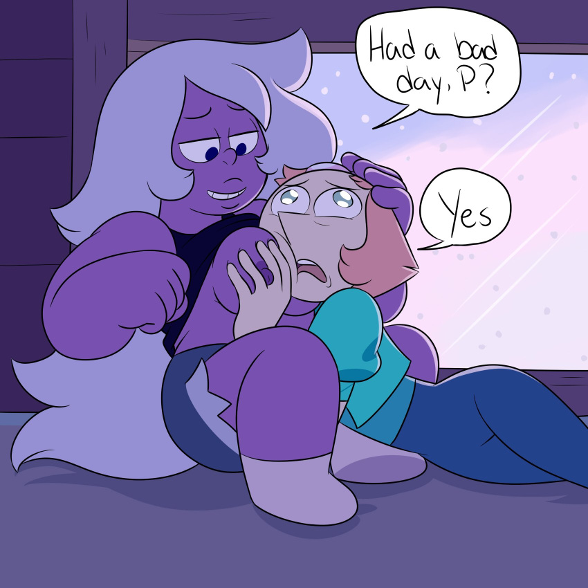 2girls amethyst_(steven_universe) breast_grab breasts_out comforting emotional_support english_text female female_only lesbian missgreeney multiple_girls pearl_(steven_universe) purple_skin shortstack steven_universe tagme text wholesome yuri