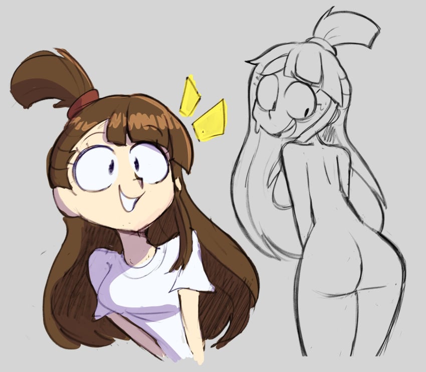 1girls akko_kagari alfred0sauce ass ass brown_hair clothed female female_focus female_only hair human little_witch_academia looking_back nude smile solo solo_female solo_focus studio_trigger sweat t-shirt