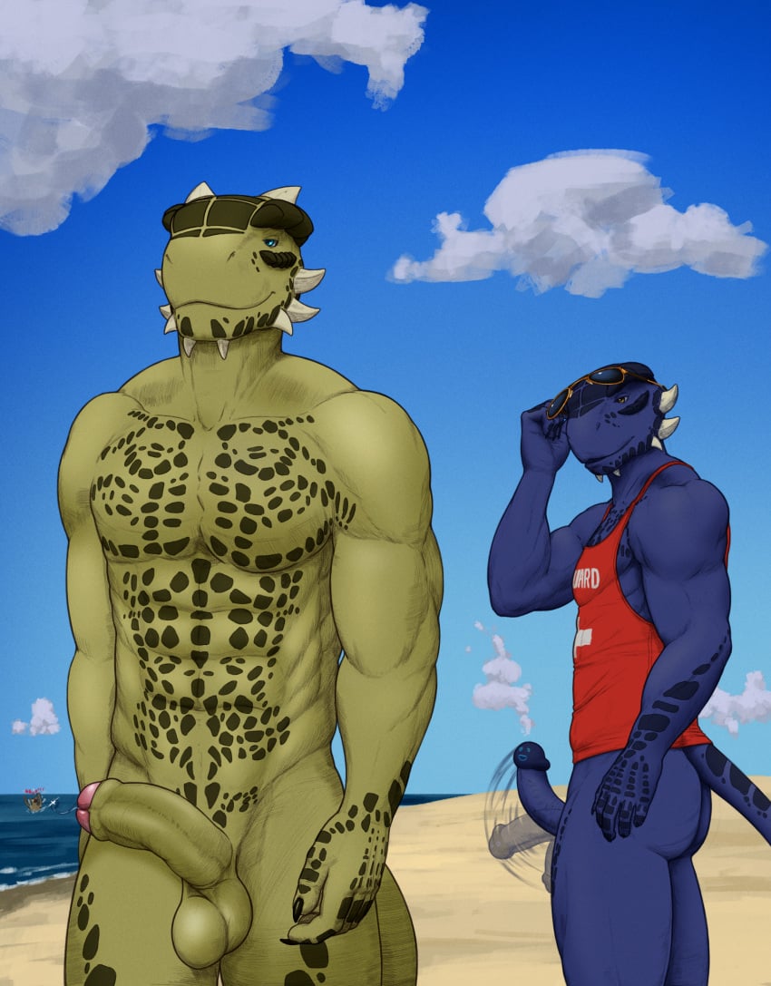 anthro argonian balls beach bethesda_softworks blue_body blue_eyes blue_scales bodily_fluids clothing digital_media_(artwork) duo erection eyewear foreskin gay genital_fluids genitals hi_res horn humanoid_genitalia humanoid_penis looking_at_another looking_at_butt male male_only muscular muscular_anthro muscular_male nude outside penis precum reptile scales scalie seaside shen_(archshen) sky smile spikes sunglasses tall_lizzard_(artist) the_elder_scrolls topwear tristen video_games water