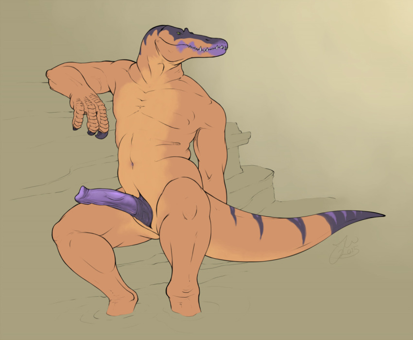 2022 animal_genitalia anthro baryonyx crocodile crocodilian crocodylid dinosaur erection genital_slit genitals hybrid loonertick male nude penis relaxing reptile rock scalie sitting slit solo spinosaurid theropod