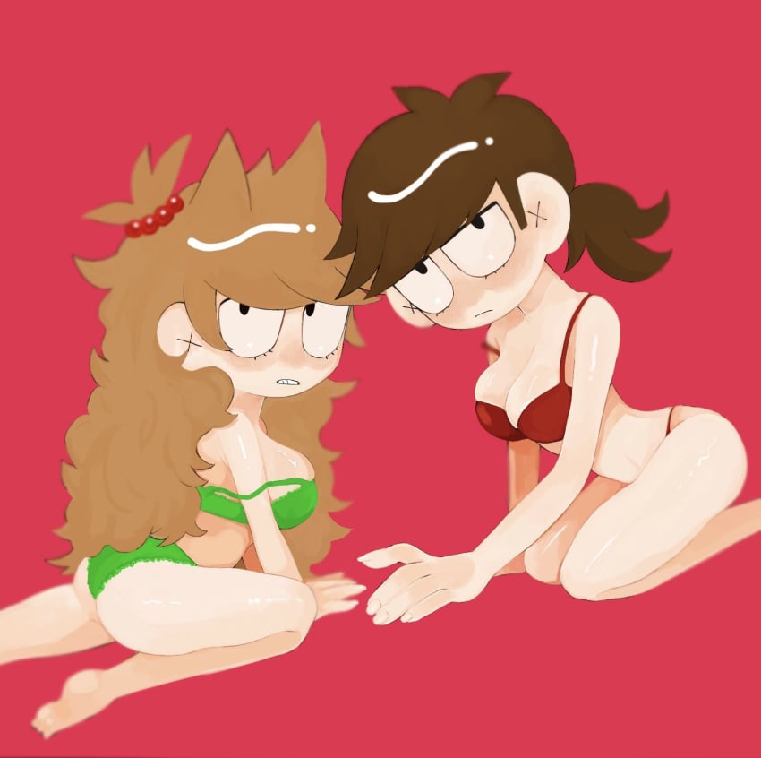 2girls ass bikini body breasts brown_hair eddsworld ell_(eddsworld) ellsworld female_only green_bikini legs long_hair looking_at_viewer multiple_girls red_bikini rule_63 thighs tori_(eddsworld)