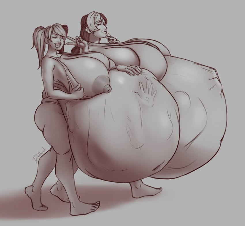 2girls belly big_belly big_breasts breasts drelard female huge_belly huge_breasts nipples same_size_vore v vore