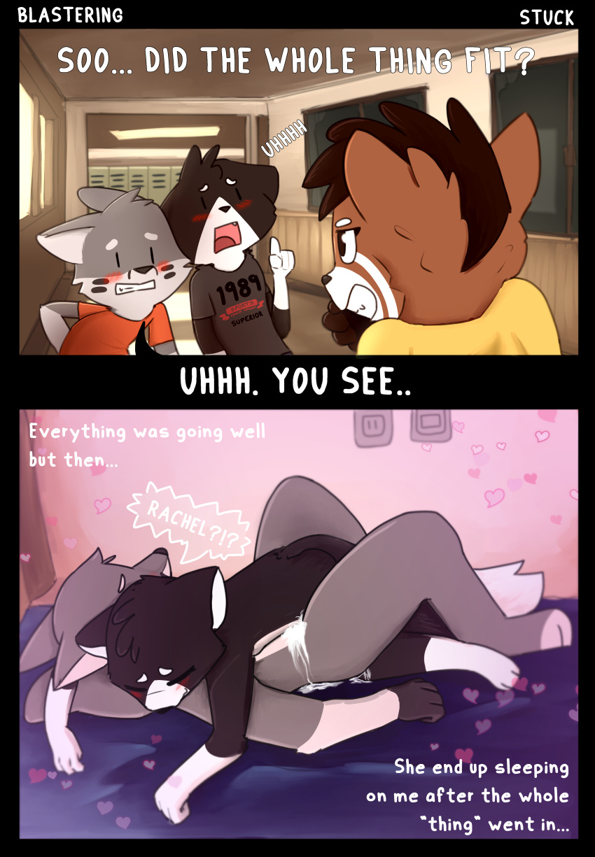 absurd_res anthro blastering blush canid comic duo english_text female hi_res male male/female mammal mat_(blastering) nude raven_(blastering) text tomboy