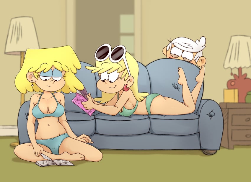 1boy 2girls ass big_breasts bikini blonde_female breasts brother_and_sister busty curvy drawsoyeah large_breasts leni_loud lincoln_loud long_hair lori_loud lying navel nickelodeon on_stomach reading sideboob sisters smile the_loud_house the_pose