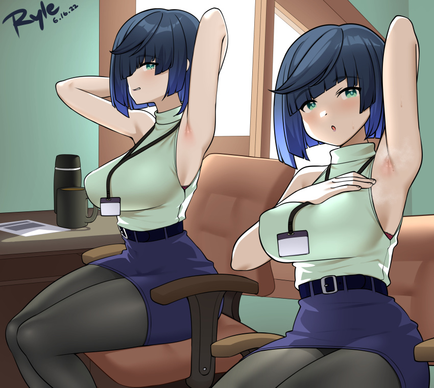 1girls alternate_costume armpit_fetish armpit_sex armpits arms_behind_head arms_up bare_shoulders belt blue_hair blush blushing_at_viewer bra cup female female_focus female_only genshin_impact hand_on_breast looking_at_viewer nipple_bulge office office_lady ryle short_hair sitting sitting_on_chair skirt solo solo_female solo_focus sweat thighs yelan_(genshin_impact)