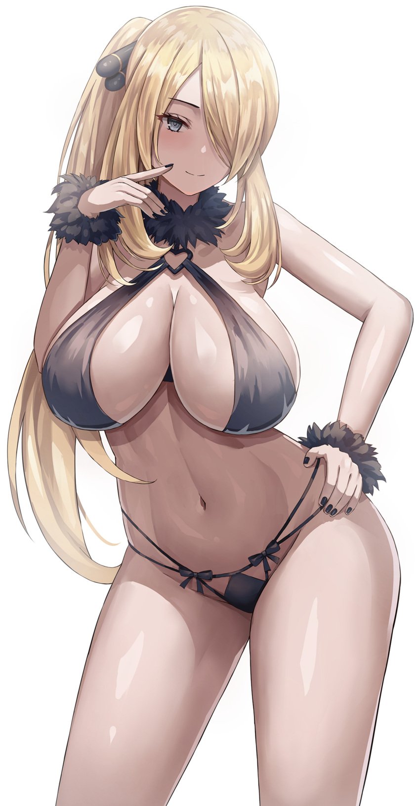 1girls 2022 abs absurd_res alternate_hairstyle bangs belly_button bikini black_bikini black_nails blonde_hair blue_eyes blush breasts cleavage cynthia_(pokemon) hair_ornament hair_over_one_eye hand_on_hip hi_res highres hip_grab hips huge_breasts human jasony large_breasts long_hair looking_at_viewer midriff nail_polish nintendo plain_background pokemon pokemon_dppt ponytail shiny_skin simple_background smile solo thick_thighs thighs white_background wide_hips