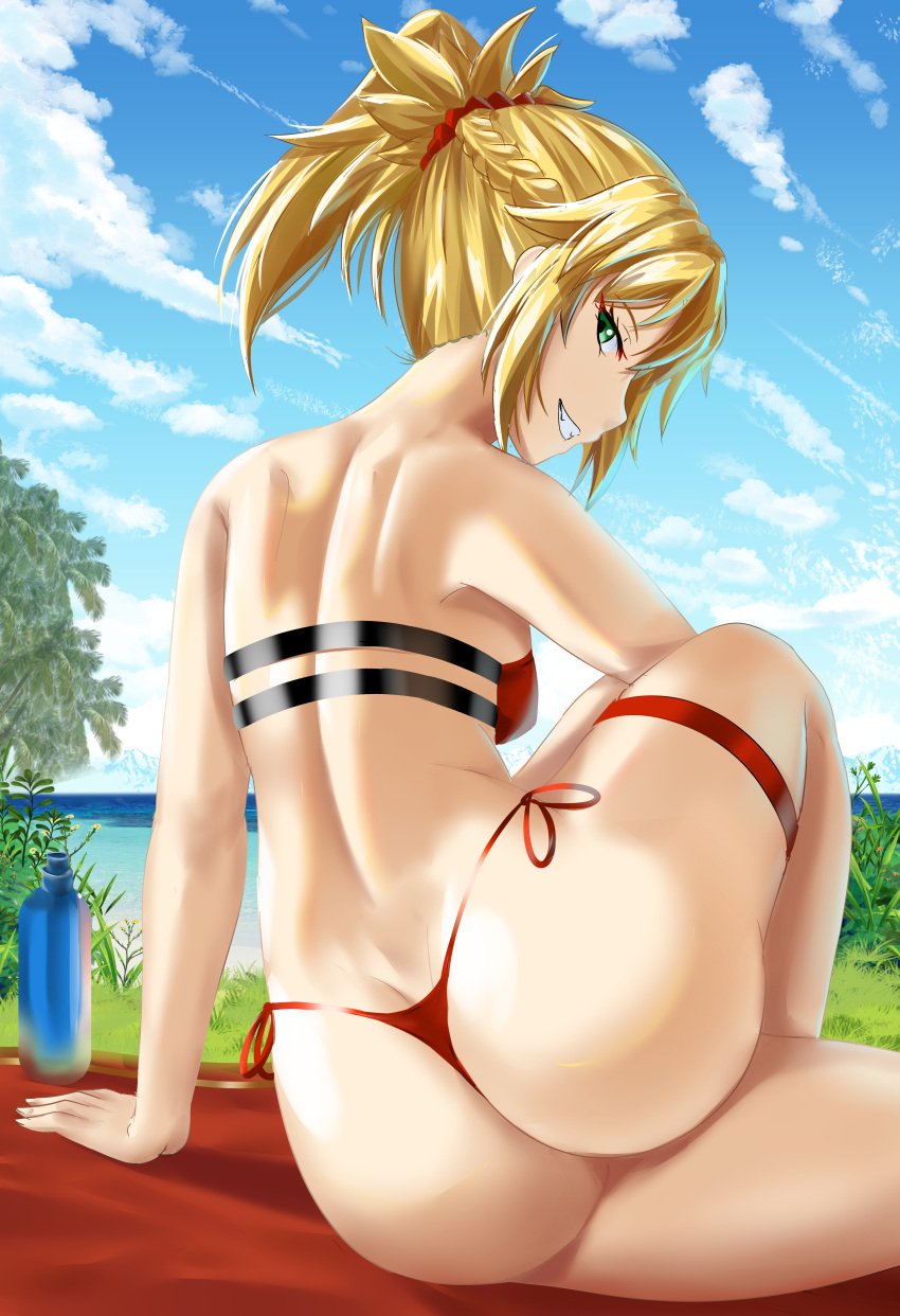 1girls ass bikini blonde_hair fate/apocrypha fate/grand_order fate_(series) female fuzzlogik highres mordred_(fate) paid_reward solo_female solo_focus