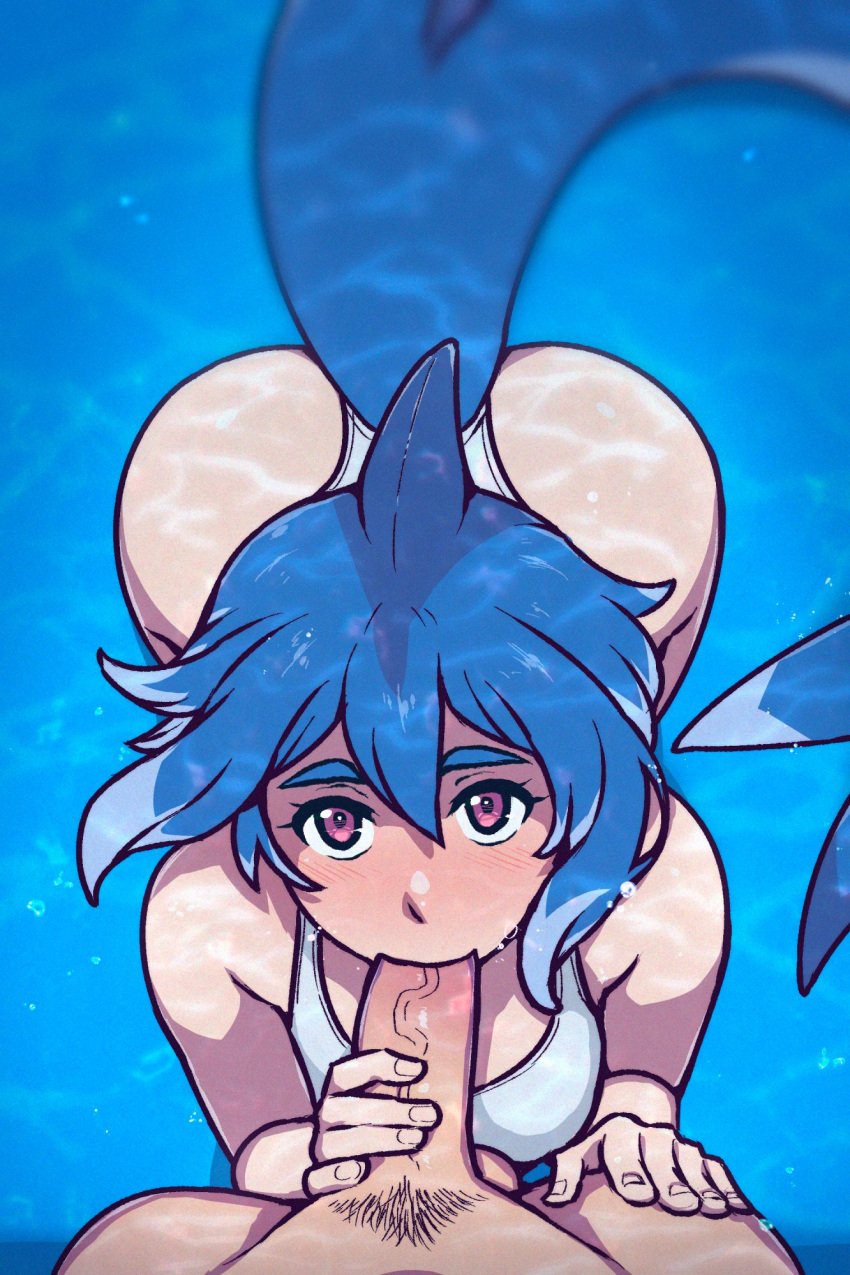 akairiot ass blue_hair borrowed_character fellatio fish_tail highres looking_at_viewer mako_(azuumori) male_pubic_hair one-piece_swimsuit oral original penis pov pubic_hair purple_eyes shark_fin shark_girl shark_tail short_hair straight swimsuit tail underwater