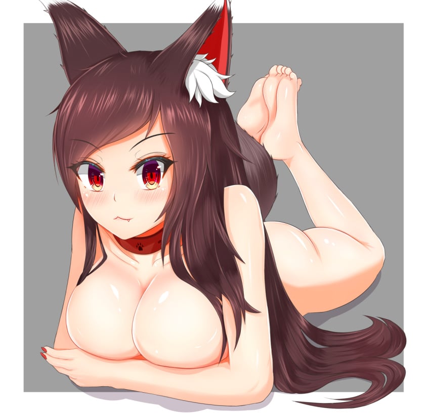 1girls :3 animal_ears barefoot blush breasts brown_hair closed_mouth collar collarbone damao_yu fang feet feet_up female full_body kagerou_imaizumi large_breasts legs_up long_hair looking_at_viewer lying nail_polish nude on_stomach prone red_eyes red_nails slit_pupils soles solo tail the_pose touhou v-shaped_eyebrows wolf_ears wolf_tail