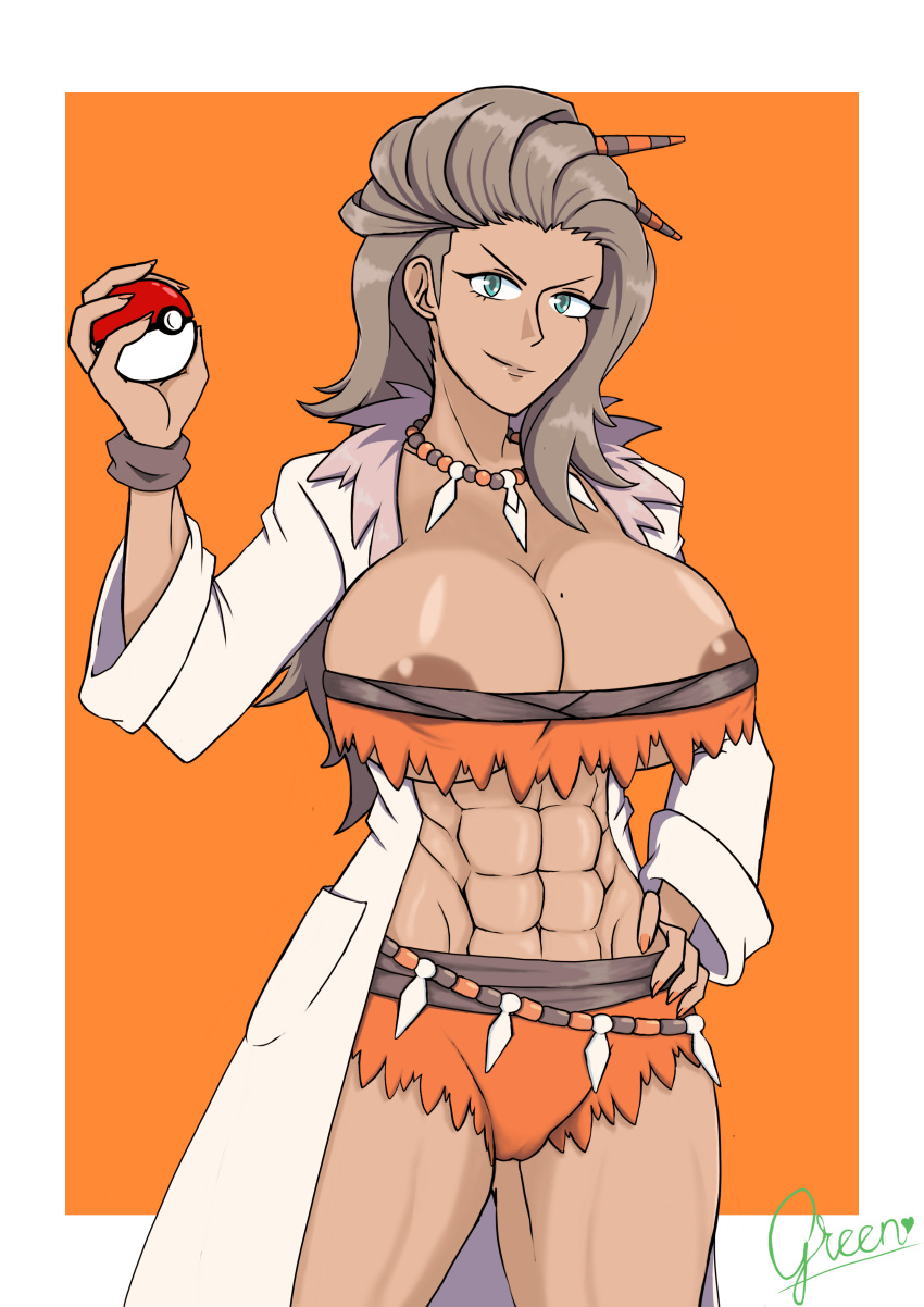 1girls abs aqua_eyes areola_slip areolae big_breasts brown_hair brown_nipples edit greenlove labcoat looking_at_viewer milf mole mole_on_breast muscular_female necklace orange_nails pokeball pokemon pokemon_professor pokemon_sv professor_sada_(pokemon) reupload simple_background solo standing tanned_female tanned_skin torn_clothes