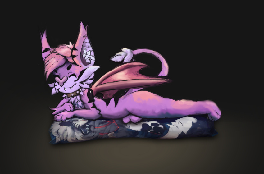 absurd_res anthro body_pillow bodypillow canid canine canis chiropteran closed_eyes collar domestic_dog dragon hair helluva_boss hi_res kiraco loona_(helluva_boss) male mammal pillow purple_body purple_hair raised_tail solo spiked_collar spikes spread_wings stripes touro wings