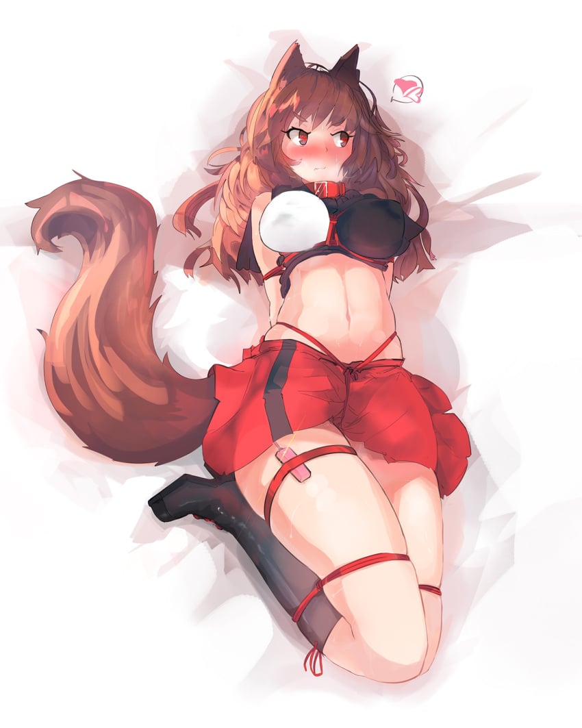 1girls animal_ears bdsm blush bondage boots bound breasts brown_hair collar ehrrr heart high_heel_boots high_heels kagerou_imaizumi knee_boots large_breasts long_hair lying midriff miniskirt navel on_back red_eyes sex_toy shibari skirt solo spoken_heart tagme tail touhou vibrator wolf_ears wolf_tail