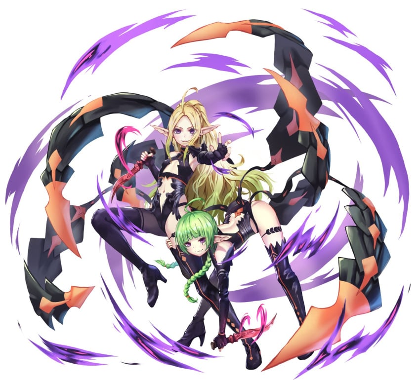 2girls alternate_costume ass bare_thighs black_panties blonde_hair boots breasts corruption cosplay elbow_gloves female female_only fingerless_gloves fire_emblem fire_emblem:_three_houses fire_emblem_awakening flat_chest gloves green_hair high_heel_boots high_heels ja4949 knife kronya_(fire_emblem)_(cosplay) long_hair looking_at_viewer mother_and_daughter multicolored_hair multiple_girls nah_(fire_emblem) nintendo nowi_(fire_emblem) panties pointy_ears ponytail purple_eyes small_breasts smile thigh_boots thighs underwear very_long_hair weapon