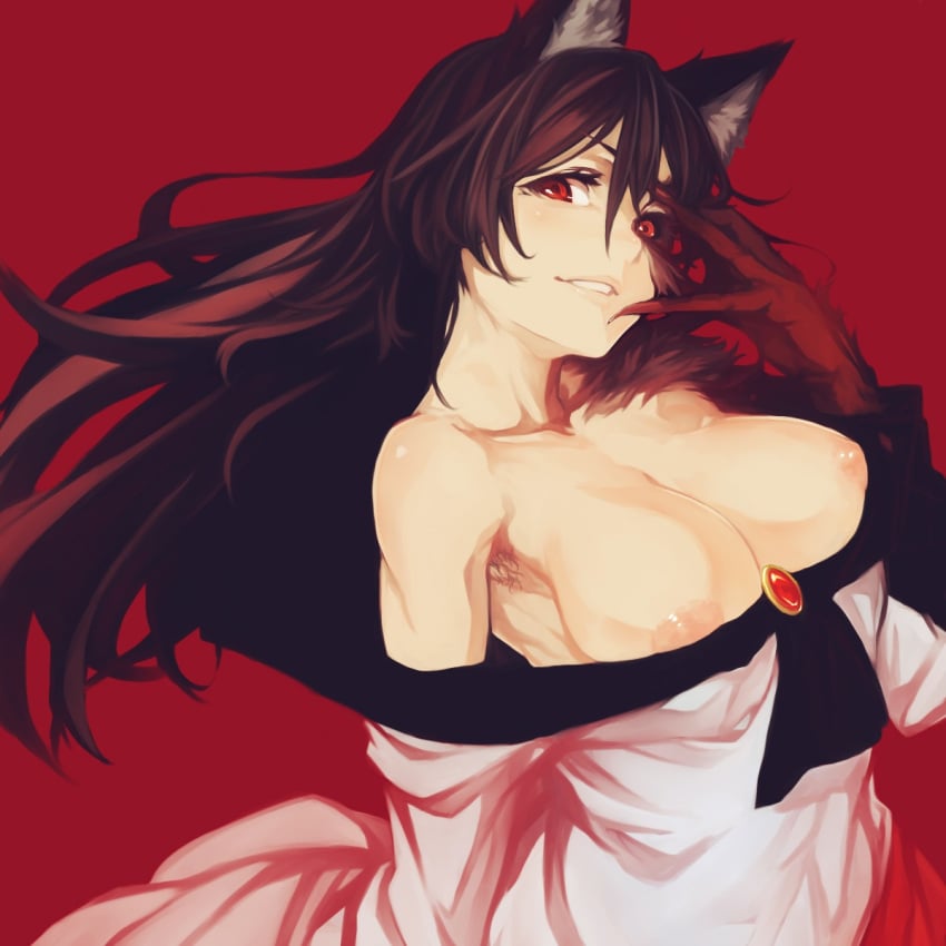 1girls animal_ear_fluff animal_ears areola_slip armpit_hair armpits bangs bare_shoulders black_sclera breasts breasts_out brooch brown_hair cleavage collarbone colored_sclera dress female fingernails floating_hair fur gem hair_between_eyes head_tilt jewelry kagerou_imaizumi large_breasts long_hair long_sleeves looking_to_the_side low_neckline mismatched_sclera nail_polish nipples no_bra nuppehofu_(nibuta) off-shoulder_dress off_shoulder parted_lips red_background red_eyes red_nails sharp_fingernails simple_background solo tagme touhou transformation undressing white_dress wolf_ears wolf_girl