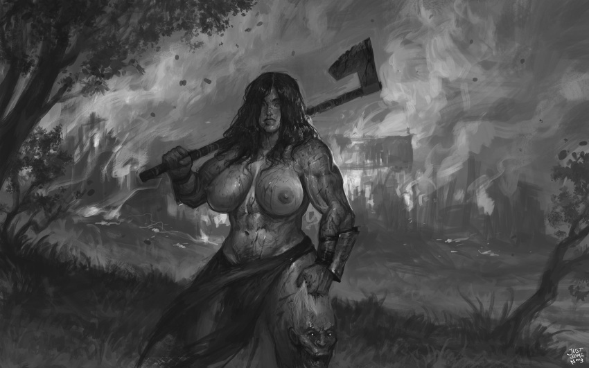 1girls abs after_battle amazon armwear axe barbarian black_and_white blood casual draug exposed_breasts fantasy female grayscale greyscale huge_breasts justsomenoob loincloth long_hair monochrome muscular_arms muscular_female nipples tall_female thick_thighs weapon