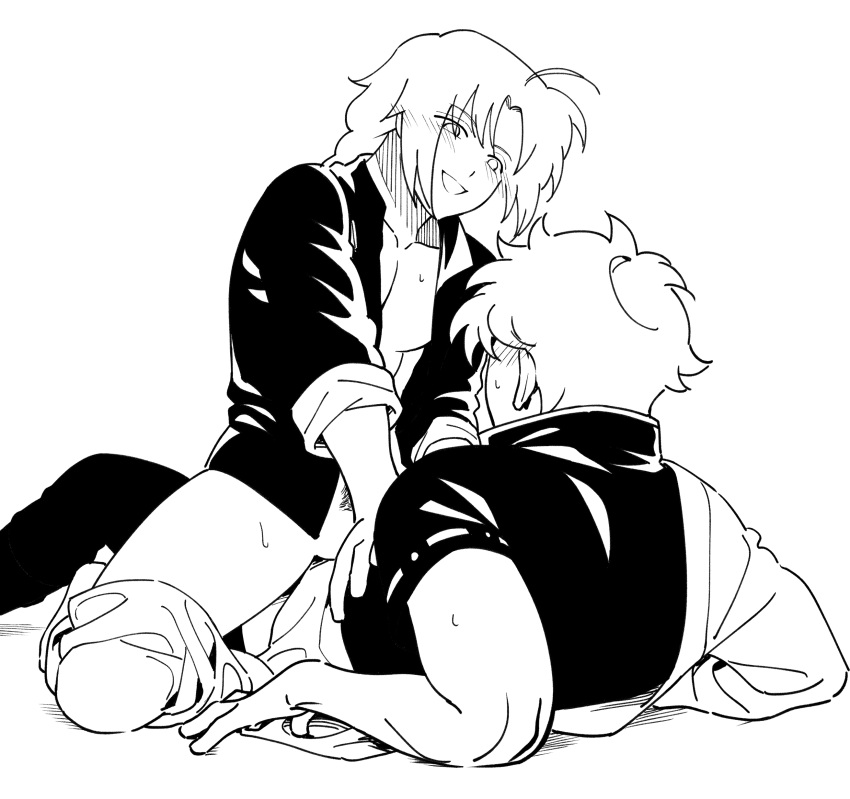 2boys anal anal_sex blush braid cowgirl_position gay gintama gintoki_sakata implied_anal kamui_(gintama) looking_at_another male male_only monochrome on_back open_shirt pants_down sitting_on_person smile straddling sweat yaoi