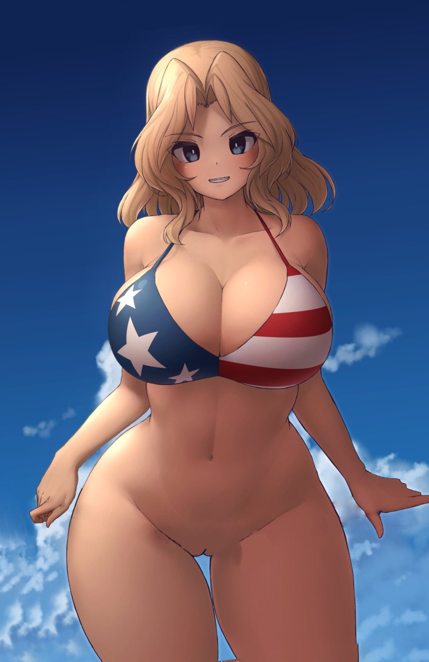 16.6_(artist) 1girls 3rd_party_edit american_flag_bikini american_flag_bikini_top bikini bikini_top blue_eyes bottomless cleavage edit edited eyebrows_visible_through_hair girls_und_panzer kay_(girls_und_panzer) large_breasts light-skinned_female light_skin looking_at_viewer makino_momiji_(artist) mostly_nude platinum_blonde_hair pussy tagme vagina xyv_1